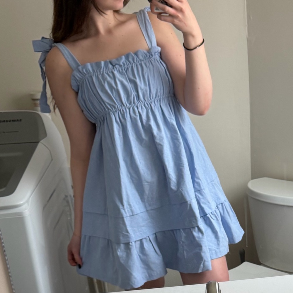 By Together | Babydoll Ruffle Hem Flare Smocked Mini Dress in Blue
